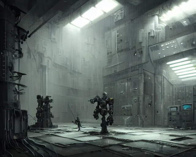 Image similar to robo in gloomy ruined server room in datacenter robot painting concept art of automata rusty steel robot knight colossus welder pacing mono eyed, sharp focus, emitting diodes, smoke, artillery, sparks, racks, motherboard, by pascal blanche rutkowski repin artstation hyperrealism detailed matte painting, 4 k resolution blade runner