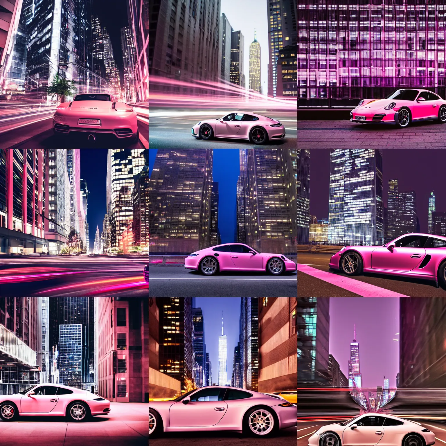 Prompt: porsche in front of skyscraper in the streets of new york city at night, vanishing point, long exposure, rose pink lighting, atmospheric, award winning photo