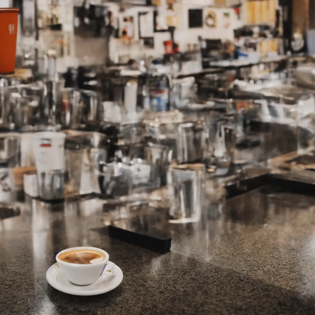 Image similar to a disposable coffee cup sitting on a diner counter, Sigma 24 mm f/8 – wider angle