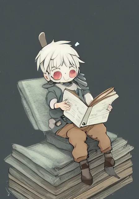 Prompt: beautiful little boy wearing sheep suit reading a book while sitting on chair, gray, blue, green and brown pallet color. made in abyss art style, inspired by kris from deltarrune, cute detailed artwork, anatomically correct, soft details, ilya kuvshinov, reflection, perfect composition, mobile wallpaper, illumination, helltaker, digital art