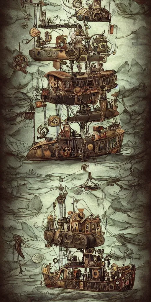 Image similar to a vintage steampunk living submarine by alexander jansson and where's waldo and leonardo da vinci