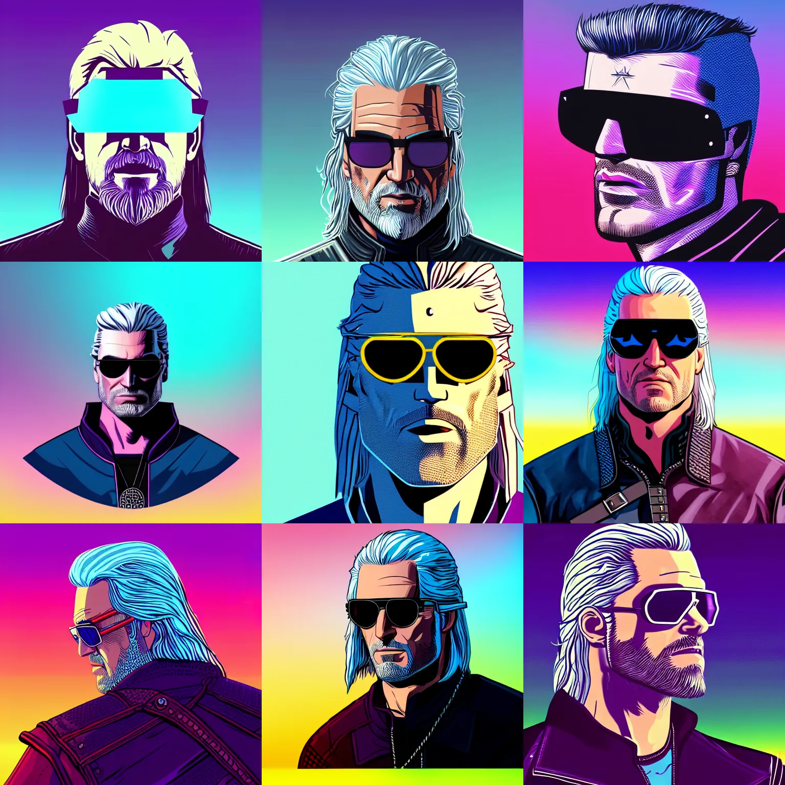 Prompt: 3 / 4 view closeup portrait of geralt of rivia with light blue shutter shades in front of a sunset, a dark purple leather jacket, vector art by jan tengnagel, pixabay contest winner, retrofuturism, retrowave, synthwave, outrun, portrait, synthwave