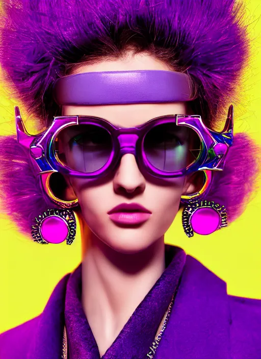 Prompt: coat for a rave,big glasses, hairstyle, big earrings only purple colors, bright colors, many details, prints, photo for a magazine, photo for a store, fashion photography, Vogue, 135 mm, cinematic, hyper realism, high detail, octane render, 8k, chrome accents, very coherent symmetrical artwork, perfect face model