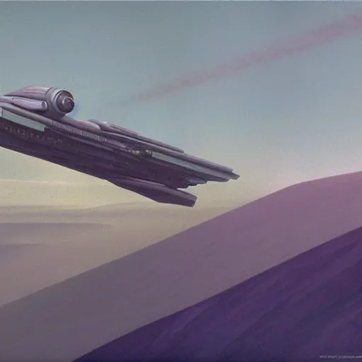 Prompt: spaceship flying over epic sci - fi landscape, painting by ralph mcquarrie