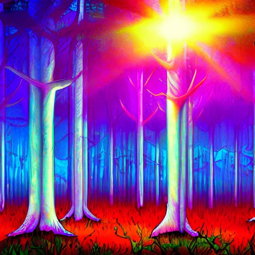 Prompt: synthwave mystic mushroom forest, sunbeams, psychedelic colors, digital painting