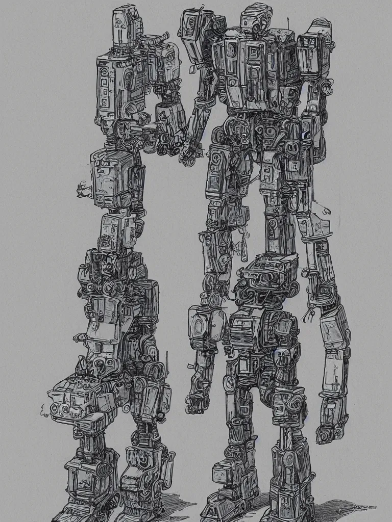 Image similar to bipedal mech inspired by a coffee maker, by jean giraud