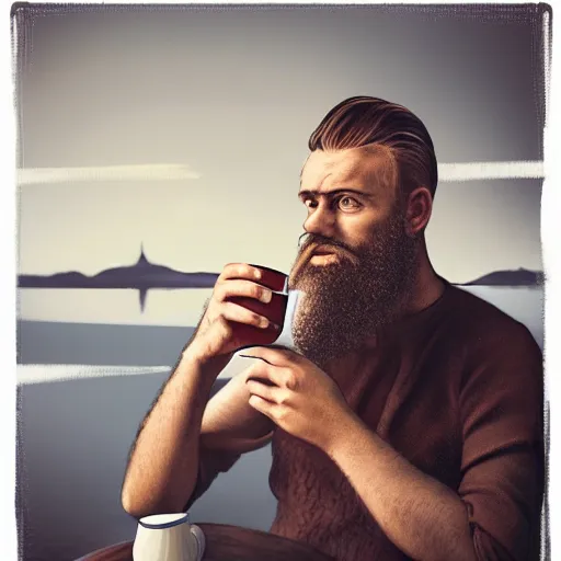 Prompt: potrait of man with a beard, drinking Coffee on finnish lakeside in summer. Digital painting. Art station. Mood lighting. highly detailed, concept art, intricate, sharp focus, man ray