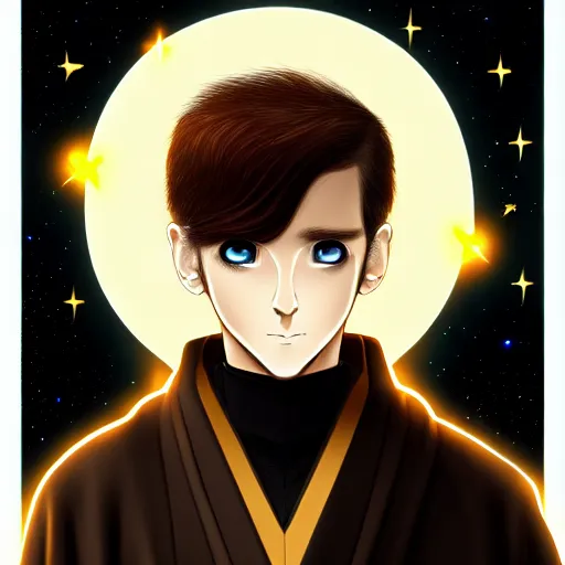 Image similar to a man with with brown hair, eyes with stars and galaxies in his eyes, wearing a black robe with the tips made of gold, anime, trending on artstation, high quality