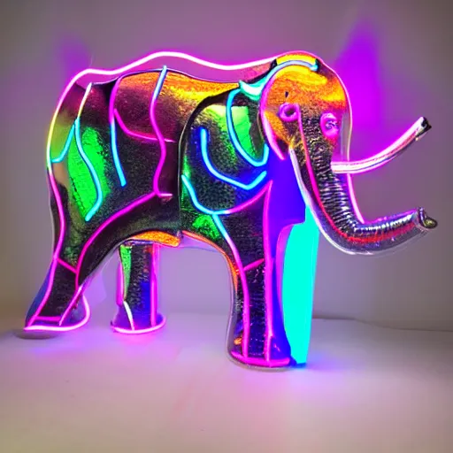 Prompt: metallic cyber elephant with glowing neon tusks