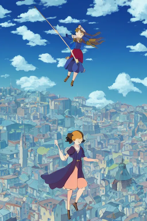 Image similar to A girl on a broomstick flying over the city sky at afternoon ,Medieval Cities ,Eye-catching blue accents,by studio ghibli,Interaction of Color, graphic design