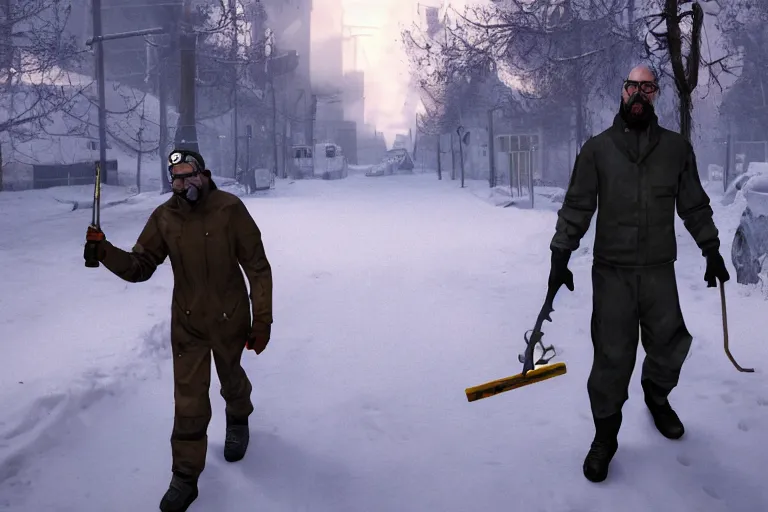 Prompt: Gordon Freeman from Half-Life 2 in real life walking through the dark Russian winter streets with a crowbar in his hands 8K realistic
