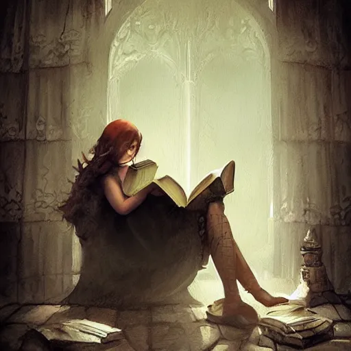 Prompt: a painting of a woman reading a book, a storybook illustration by bastien l. deharme, deviantart contest winner, gothic art, gothic, storybook illustration, dark and mysterious