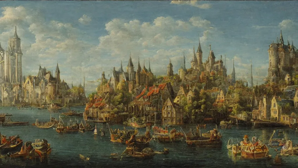 Image similar to an old enchanted fantasy town, viewed from the harbor, by jean - baptist monge,