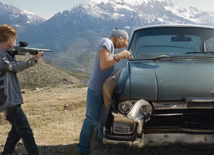 Image similar to a very high resolution image from a new movie, eminem shooting a car. mountains, directed by wes anderson