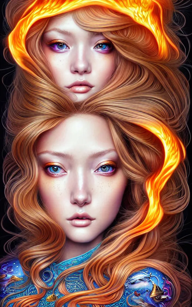 Image similar to fish eye lens view of The Most Beautiful Woman On Earth ,reflections of fire on eye, fantasy, intricate, richly detailed colored 3D illustration of a beautiful ornated cute body with long metallic hair wearing a hoodie and short skirt that is happy and curious. background with completely rendered reflections, art by Range Murata and Artgerm highly detailed, digital painting, trending on artstation, sharp focus, D&D, illustration, style of Stanley Artgerm, perfect smile vogue, awards, model,