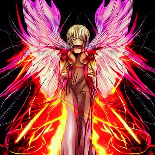 Image similar to villan angel handsome in love slayer art, night, electro lines, anime style, detailed face, high quality, smooth in 8k, sharp focus, beautiful scene, black border, beautiful scene with a lot of colors, colorful fire, many colors