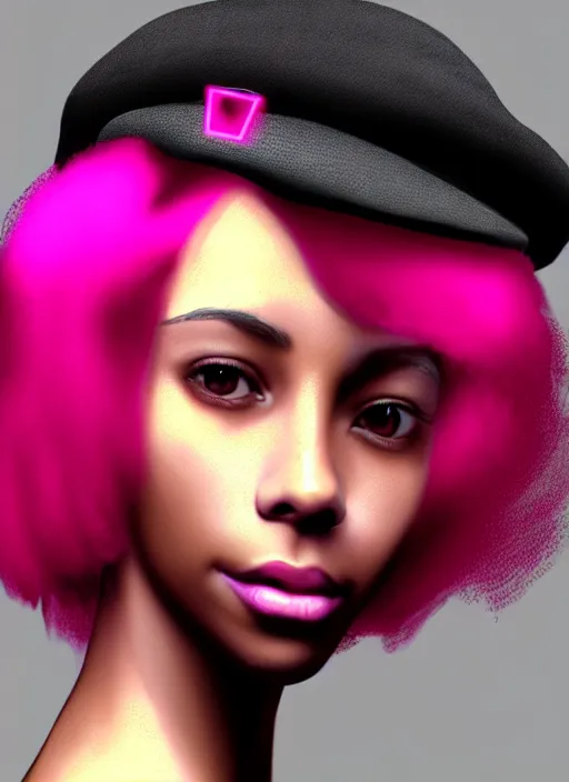 Image similar to portrait of teenage vanessa morgan with bright pink hair, black girl, vanessa morgan, curly pixie cut hair, wearing newsboy cap, newsboy cap, hoop earrings, intricate, elegant, glowing lights, highly detailed, digital painting, artstation, concept art, smooth, sharp focus, illustration, art by wlop, mars ravelo and greg rutkowski