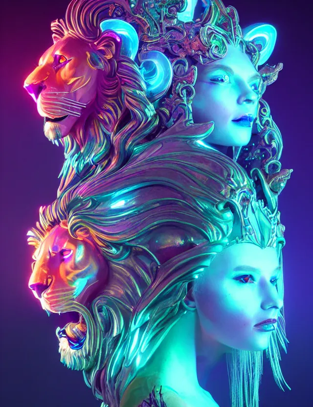 Image similar to 3 d goddess medium shot portrait with hyperdimensional totem implants. beautiful intricately detailed avante garde lion mask and retrowave sorceress outfit. neon, bio luminescent,, artwork by tooth wu and wlop and android jones and beetle and greg rutkowski