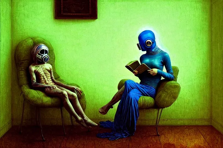 Image similar to hyperrealistic girl wearing a gas mask lying on the sofa reading a book in her room, in the style of beksinski, solarpunk, exact anatomy, atmospheric, clean, intricate and epic composition, green by caravaggio, insanely quality, highly detailed, masterpiece, blue light, artstation, 4 k