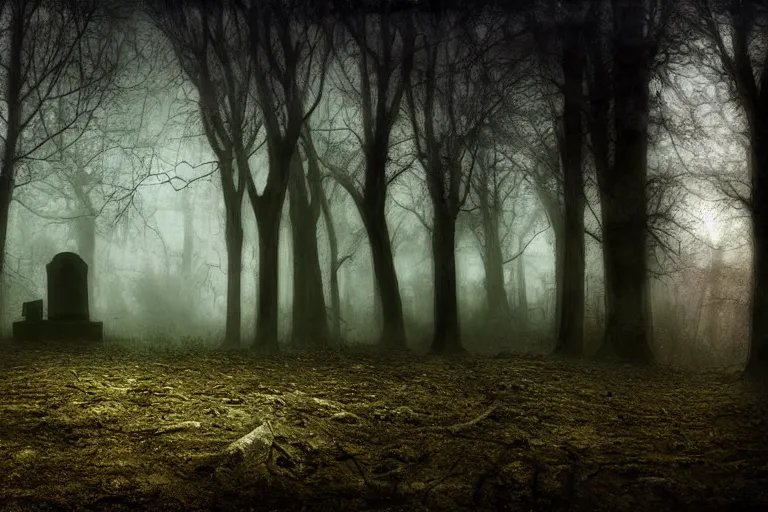 Prompt: dark and spooky haunted woods graveyard. atmospheric, oil painting on canvas. fairytale setting, cinematic lighting. dramatic framing. volumetric lighting. romanticism