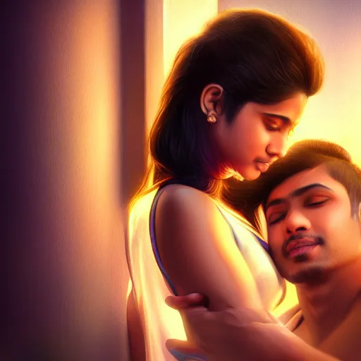 Prompt: theatrical press release ; indian young male and female couple sharing one heart ; stunning digital artwork by artgerm ; cinematic movie pose ; photorealistic, hyperrealistic, dramatic soft rim light ; highly detailed ; face by wlop ; trending on artstation ; cinematography from music video