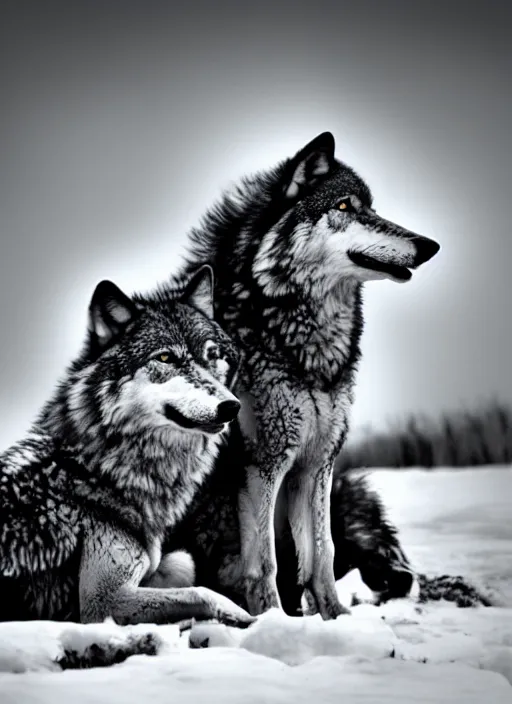 Image similar to two wolves black and white portrait white sky in background