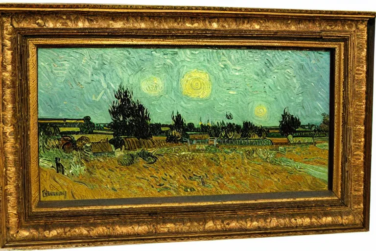 Image similar to oil painting of a Dutch landscape called het Beuven in Someren, by sunset, painted by Vincent Van Gogh