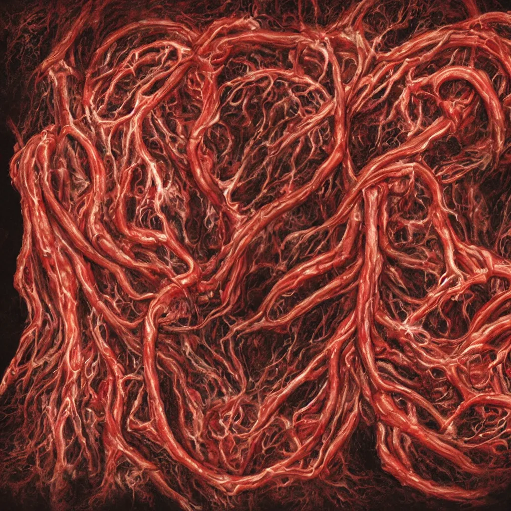 Prompt: a blood-oozing amorphous fractal bloody meat blob composed of muscle, human and animal skulls, and writhing tendrils made of muscles and tendons, lurking in the darkness, cinematic, high-quality, in color