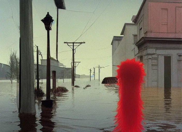 Image similar to woman with mohawk dressed in transparent plastic bags, on flooded street Edward Hopper and James Gilleard, Zdzislaw Beksinski, highly detailed