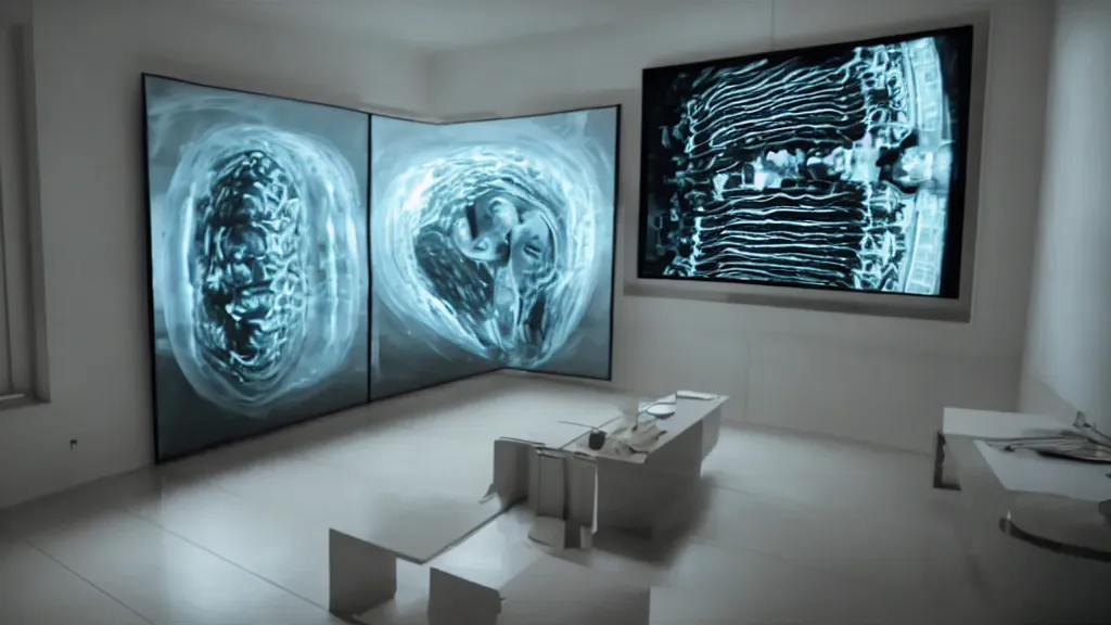Image similar to an mri image in the living room, film still from the movie directed by denis villeneuve with art direction by salvador dali, wide lens