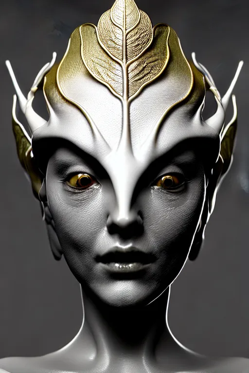 Image similar to bw close - up profile face, black background, beautiful young porcelain vegetal - dragon - cyborg - female, 1 5 0 mm, beautiful natural soft rim light, silver gold details, magnolia leaves and stems, roots, mandelbot fractal, elegant, ultra detailed, white metallic armour, octane render, h. r. giger style