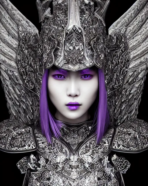 Prompt: Detailed portrait of the strangest angel, black and white armor, unique design, by Yun Taek Oh, fine details, pretty face, beautiful violet eyes, inside a palace, perfect, colorful background, 8k high detail, intricate, sharp focus, masterpiece, trending on artstation