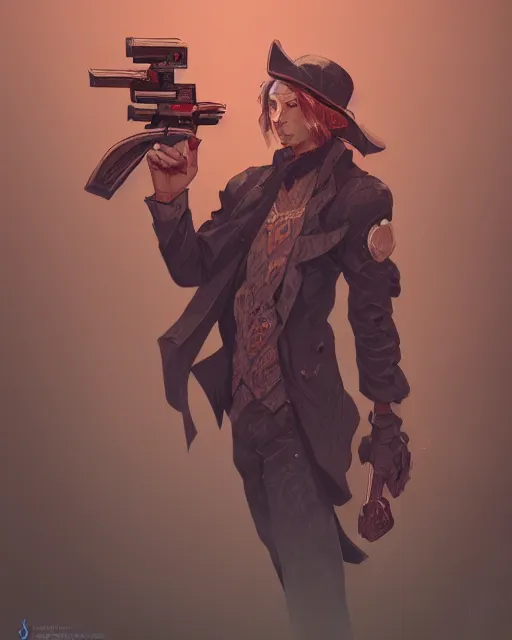 Prompt: A sorcerer wielding two Glock pistols, bust shot, smooth, intricate, elegant, power aura, digital painting, artstation, concept art, high tech fantasy, sharp focus, illustration, art by James Jean