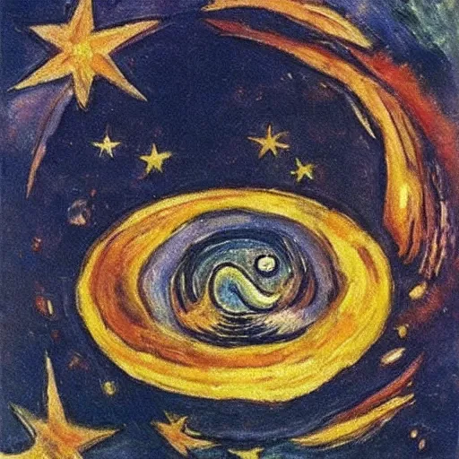 Image similar to by oskar kokoschka precise, realistic. a beautiful painting of a black hole consuming a star.