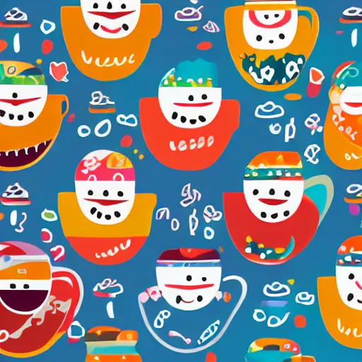 Prompt: colorful happy japanese illustration of smiling coffee cups surrounded by beautiful nature and patterns, 4 k, high detail