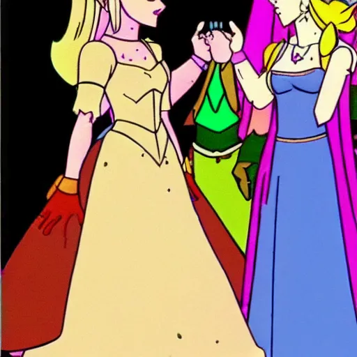 Prompt: photo of the lesbian wedding between princess peach and zelda circa 1 9 8 6