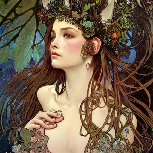 Prompt: realistic detailed face portrait of an elf with leaves rising out of her hair by Alphonse Mucha, Ayami Kojima, Amano, Charlie Bowater, Karol Bak, Greg Hildebrandt, Jean Delville, and Mark Brooks, Art Nouveau, Neo-Gothic, gothic, rich deep moody colors