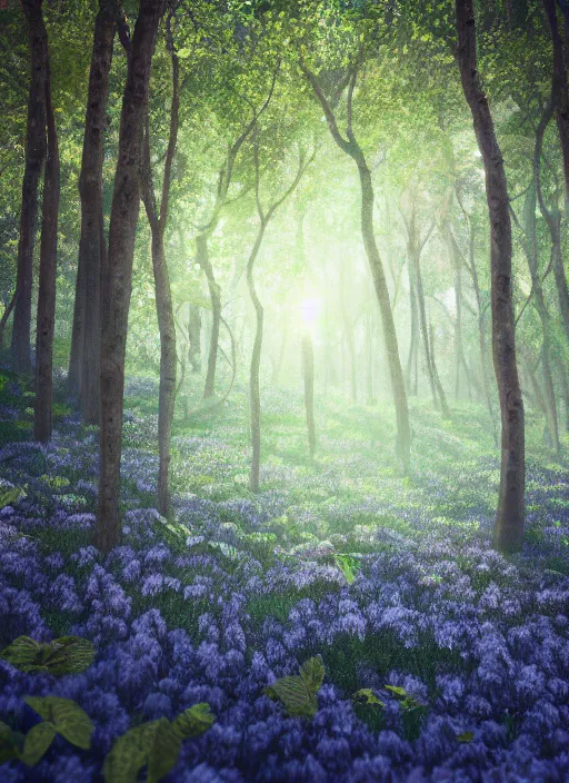 Image similar to deep in the blueberry forest, hazy summer day, detailed digital art, dreamy, 8k, octane render, depth of field