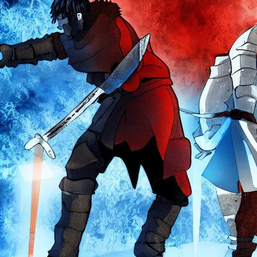 Prompt: Ice and Fire swords clashing high definition