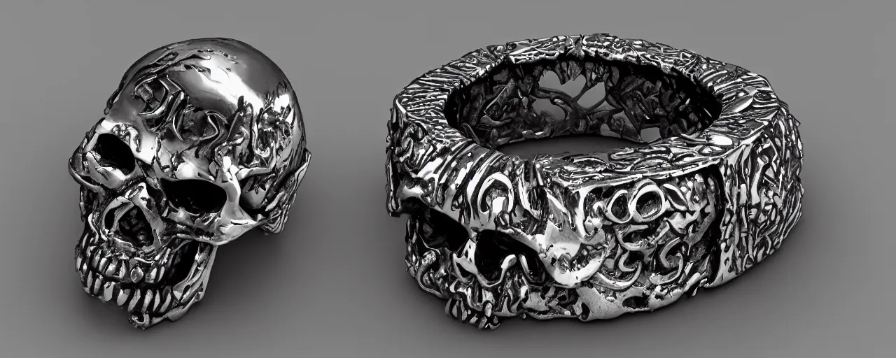 Image similar to simple magic ring of poison, ring, skull, wax, black, smooth shank, crystals, engravings, product design, jewelry, art by gerald brom, greg rutkowski and artgerm and james jean, photo realism, unreal engine, c 4 d