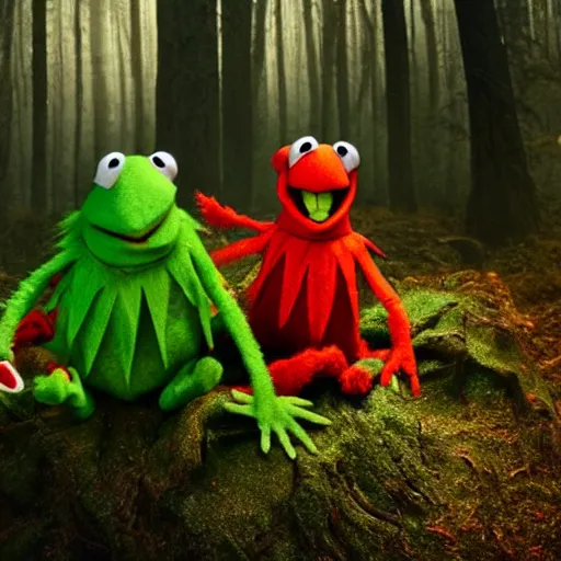 Image similar to demonic muppets in magical forest, kermit, elmo, dark atmosphere, soft lighting, high detail, 8 k