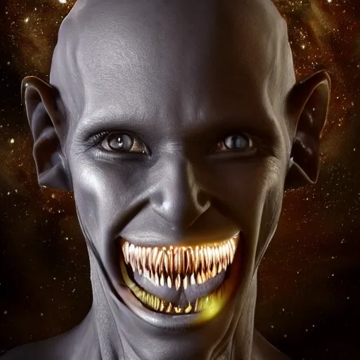 Image similar to an alien. angled jaw, snarling, omniverous layered teeth, smooth bioluminescent skin, hunter gatherer holding a opal tipped spear, mid length portrait photograph, highly detailed, high contrast lighting