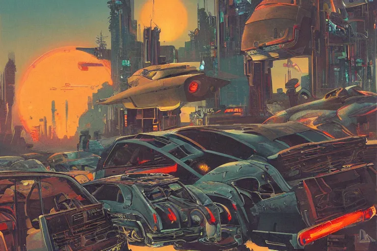 Prompt: junkyard. in cyberpunk style by Vincent Di Fate