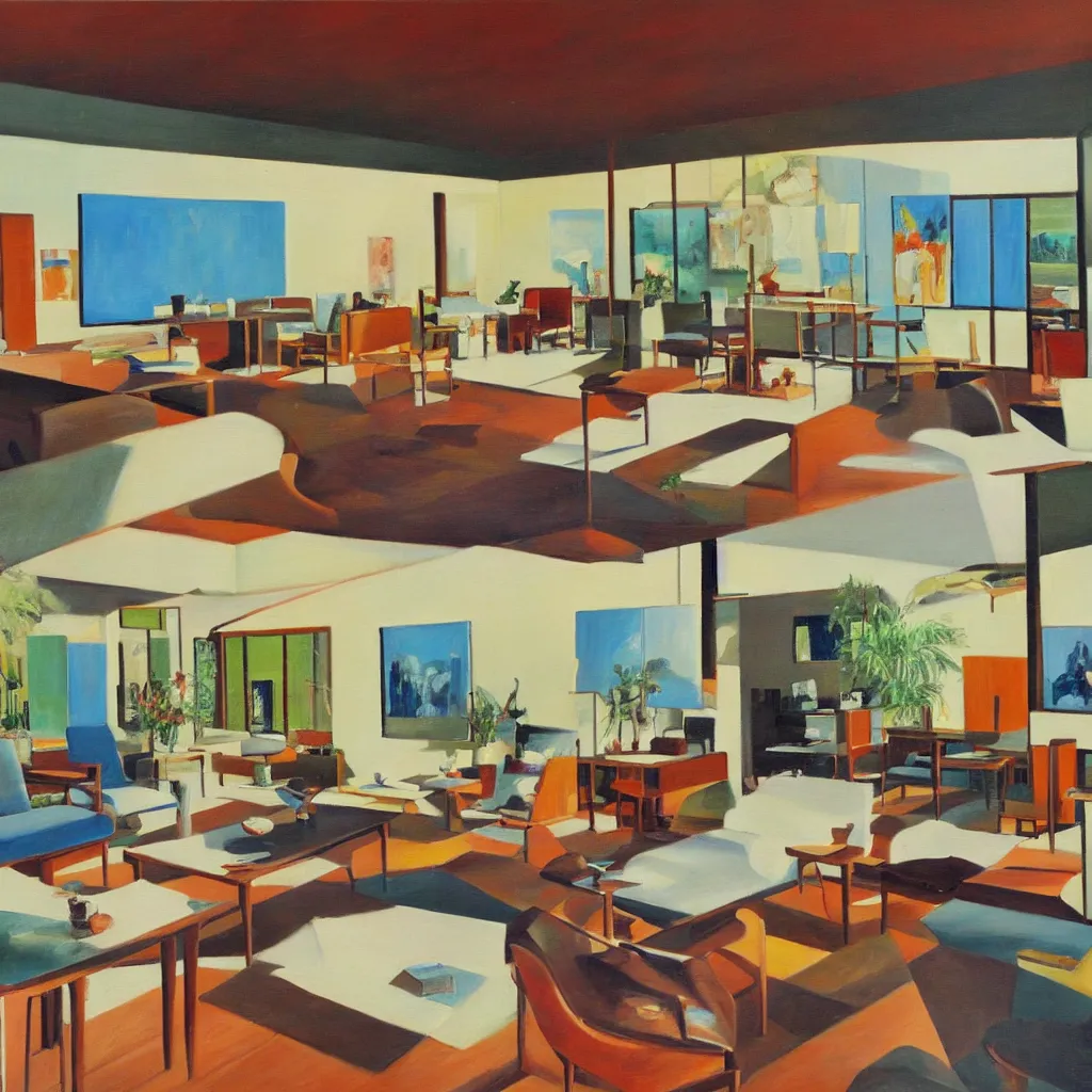 Image similar to an oil painting of the interior of a mid century modern house designed by both frank lloyd right and richard sera in palm springs