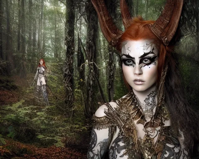 Image similar to 5 5 mm portrait photo of an armored gorgeous anesthetic redhead woman warrior with a face tattoo and horns growing from her head, in a magical forest in the style of stefan kostic, art by luis royo. highly detailed 8 k. intricate. lifelike. soft light. nikon d 8 5 0. cinematic post - processing