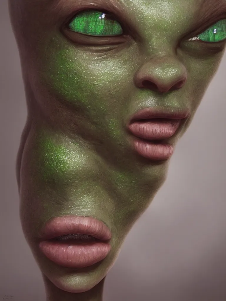 Image similar to realistic portrait picture of an alien with green skin, photography portrait, 2 eyes, cinematic, high quality, cgsociety, artgerm, 4 k, uhd, 5 0 mm, trending on artstation