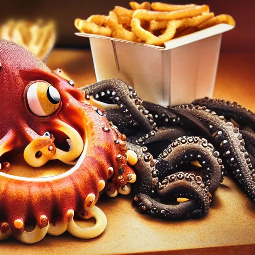 Prompt: octopus made of steel eating fastfood, 5 5 mm