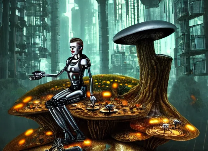 Prompt: photo of an intricate and sophisticated terminator woman with borg enhancements sitting on a giant mushroom in a weird magical forest and drinking a cup of tea. Very detailed 8k. Fantasy cyberpunk horror