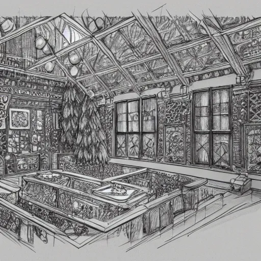 Image similar to annotated highly, detailed and intricate, sketch of a lodge room full of spring plants, marker concept art style rendering, concept art, half blueprint, trending on artstation, intricate details, center frame, annotations