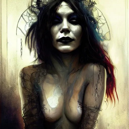 Image similar to beautiful portrait of vanessa hudgens as death from sandman, smiling, by cedric peyravernay, alphonse mucha, by jeremy mann, by lecouffe deharme, goth chic, soft lightning, eyeliner, punk rock, high detailed, 8 k